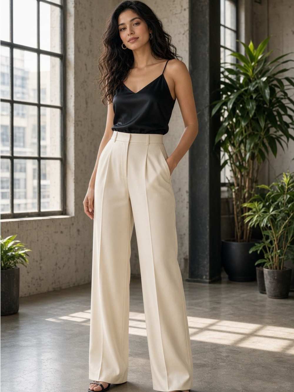 J. Crew Black Silk Cami with Cream Wide-Leg Trousers